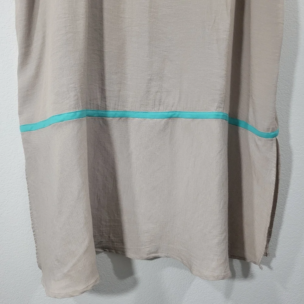 NATORI tan 'V' neck sleeveless long maxi nightgown sleep dress teal trim Large